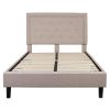 Full Beige Fabric Upholstered Platform Bed Frame with Tufted Headboard