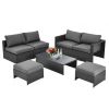 6 Pieces Patio Rattan Furniture Set with Glass Table and Cushioned Seat-Gray