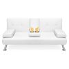 White Faux Leather Convertible Sofa Futon with 2 Cup Holders