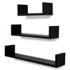 3 Black MDF U-Shaped Floating Wall Display Shelves Book/DVD Storage - Black