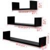 3 Black MDF U-Shaped Floating Wall Display Shelves Book/DVD Storage - Black