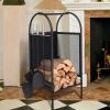 31.5''x14'' x14''Firewood Rack Log Cart with Wheels,Fireplace Log Carriers Holders with 3 Fireplace Tool Set,Black - Black