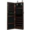 Lockable Wall Mount Mirrored Jewelry Cabinet with LED Lights - brown